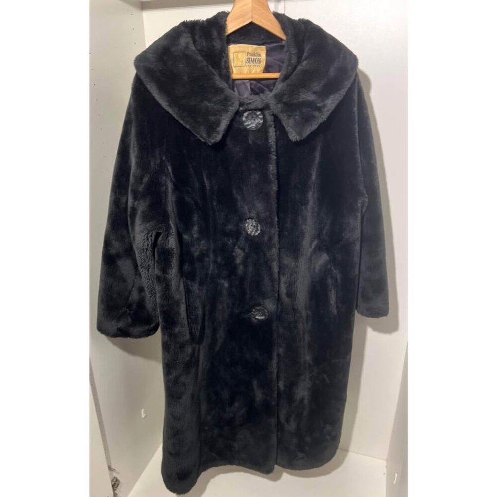 1950s Franklin Simon Borgana Fairmoor Black Faux Fur Coat 39” Swing Style
